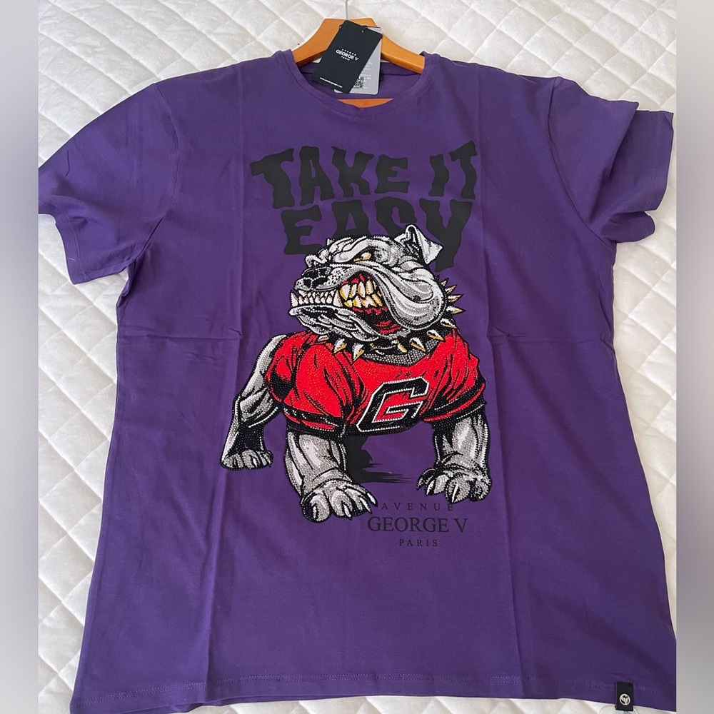 Avenue George V Paris Men's T-Shirt rhinestone bulldog Short Sleeve Purple S L